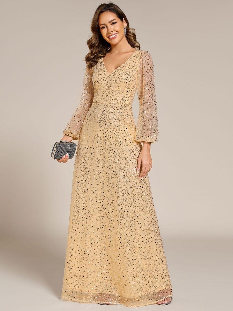 Dazzling Plus Size V-Neck Long Sleeves Sequin A-Line Evening Dress