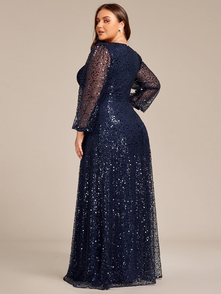 Dazzling Plus Size V-Neck Long Sleeves Sequin A-Line Evening Dress