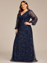 Dazzling Plus Size V-Neck Long Sleeves Sequin A-Line Evening Dress