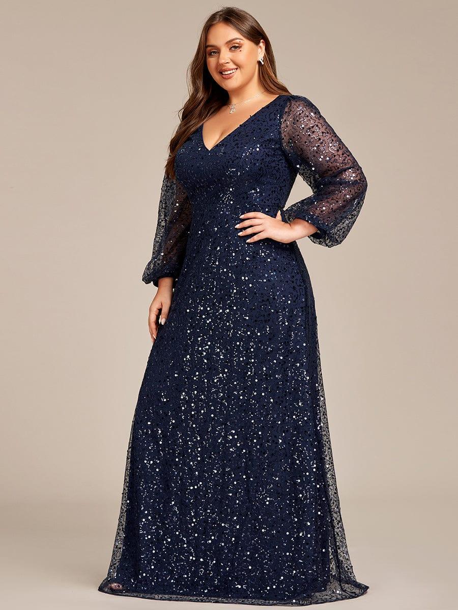 Dazzling Plus Size V-Neck Long Sleeves Sequin A-Line Evening Dress