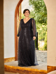 Dazzling Plus Size V-Neck Long Sleeves Sequin A-Line Evening Dress