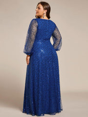 Dazzling Plus Size V-Neck Long Sleeves Sequin A-Line Evening Dress