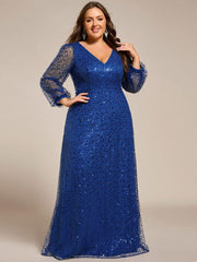 Dazzling Plus Size V-Neck Long Sleeves Sequin A-Line Evening Dress