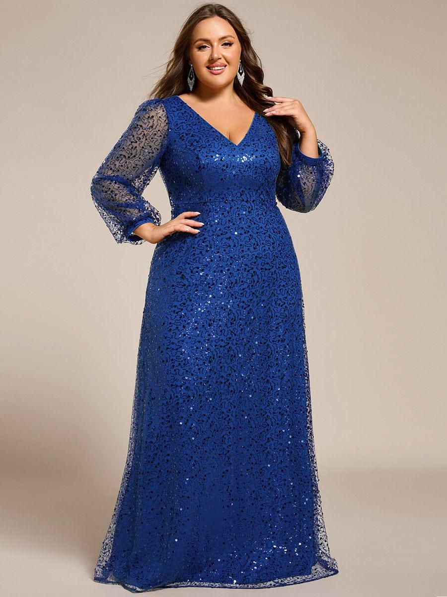 Dazzling Plus Size V-Neck Long Sleeves Sequin A-Line Evening Dress