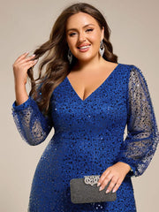Dazzling Plus Size V-Neck Long Sleeves Sequin A-Line Evening Dress