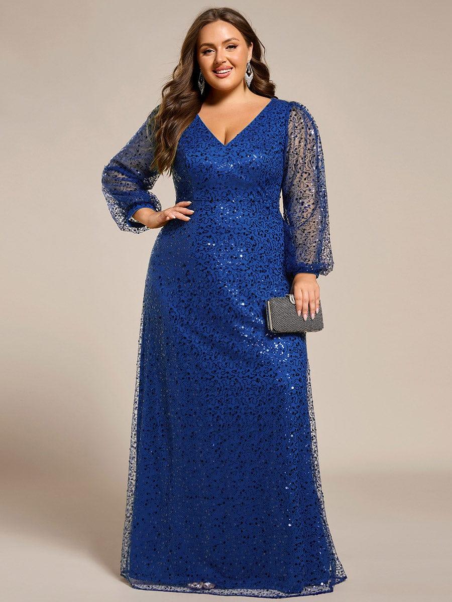 Dazzling Plus Size V-Neck Long Sleeves Sequin A-Line Evening Dress