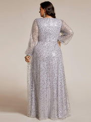 Dazzling Plus Size V-Neck Long Sleeves Sequin A-Line Evening Dress