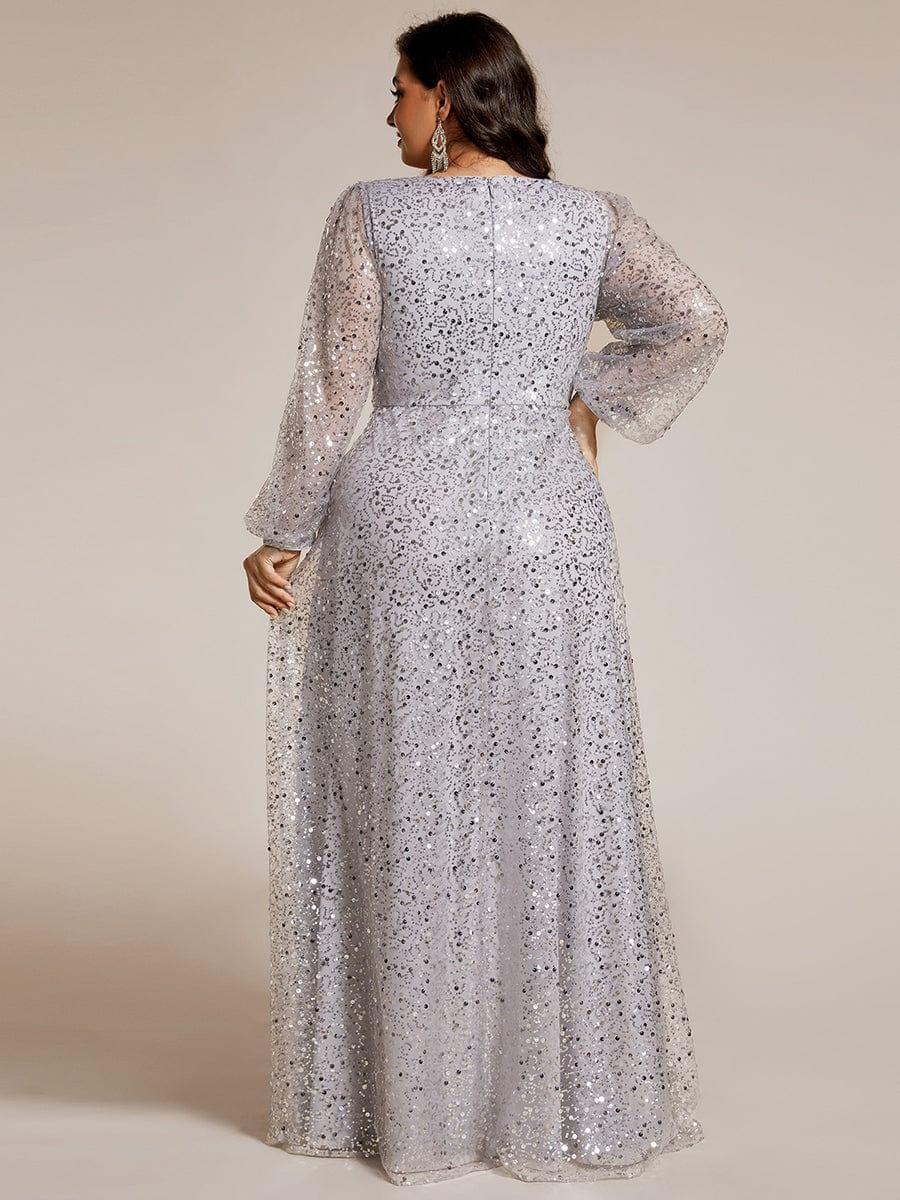 Dazzling Plus Size V-Neck Long Sleeves Sequin A-Line Evening Dress