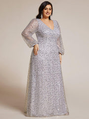 Dazzling Plus Size V-Neck Long Sleeves Sequin A-Line Evening Dress