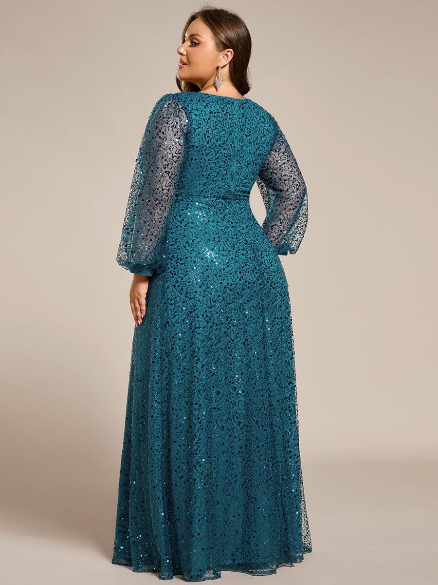 Dazzling Plus Size V-Neck Long Sleeves Sequin A-Line Evening Dress