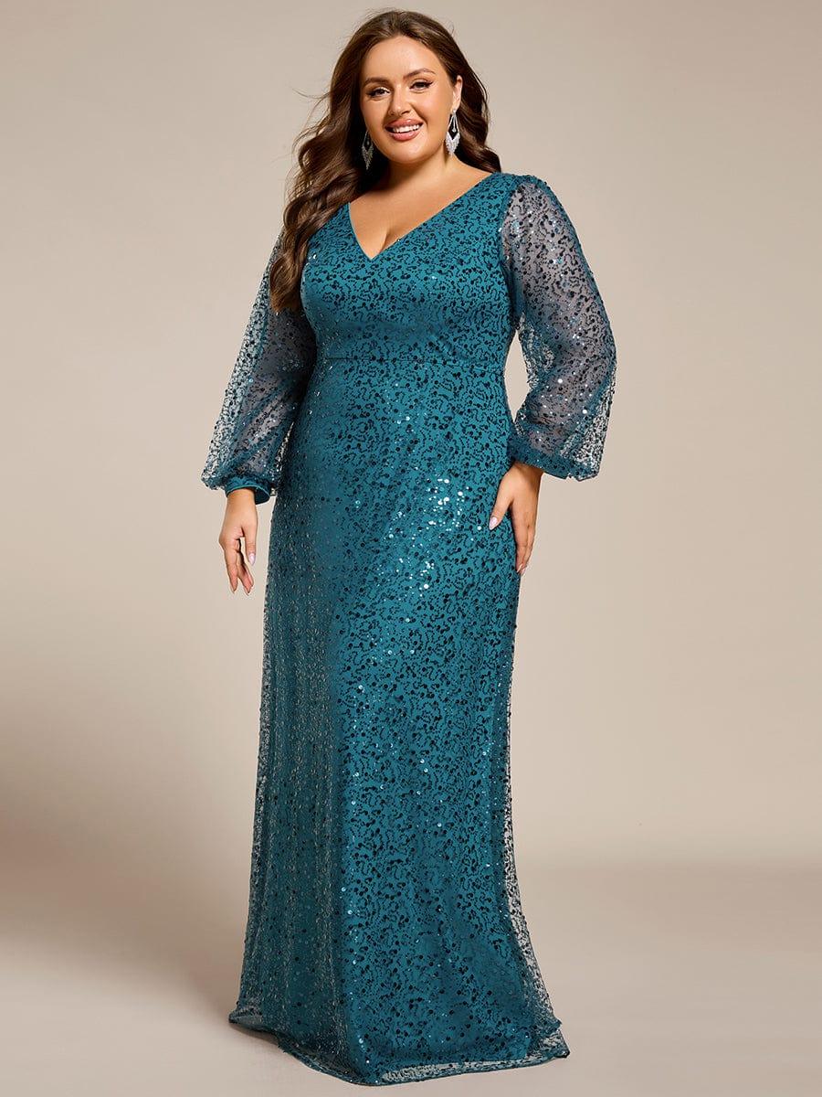Dazzling Plus Size V-Neck Long Sleeves Sequin A-Line Evening Dress