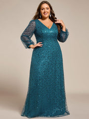 Dazzling Plus Size V-Neck Long Sleeves Sequin A-Line Evening Dress