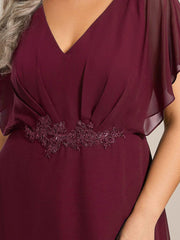 Cute Plus Size V-Neck Chiffon A-Line Formal Dress with Sleeves