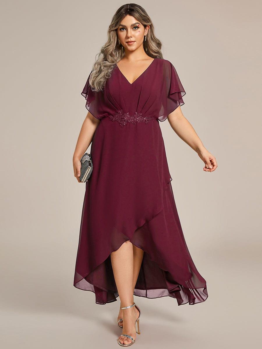 Cute Plus Size V-Neck Chiffon A-Line Formal Dress with Sleeves