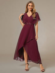 Exquisite Short Sleeves A-Line V-Neck Formal Dress with Appliques