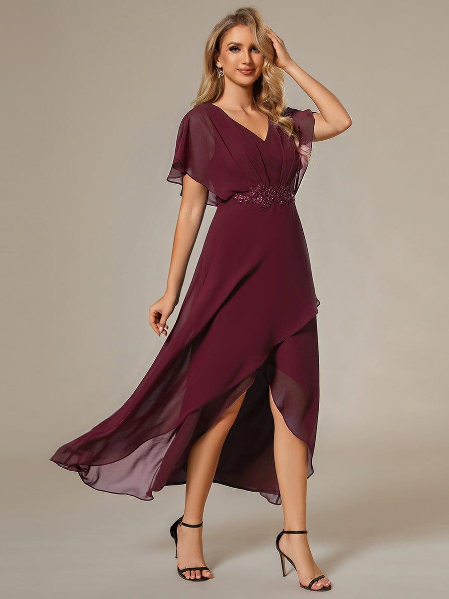 Exquisite Short Sleeves A-Line V-Neck Formal Dress with Appliques