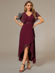 Exquisite Short Sleeves A-Line V-Neck Formal Dress with Appliques