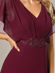 Exquisite Short Sleeves A-Line V-Neck Formal Dress with Appliques