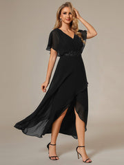 Exquisite Short Sleeves A-Line V-Neck Formal Dress with Appliques
