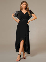 Exquisite Short Sleeves A-Line V-Neck Formal Dress with Appliques