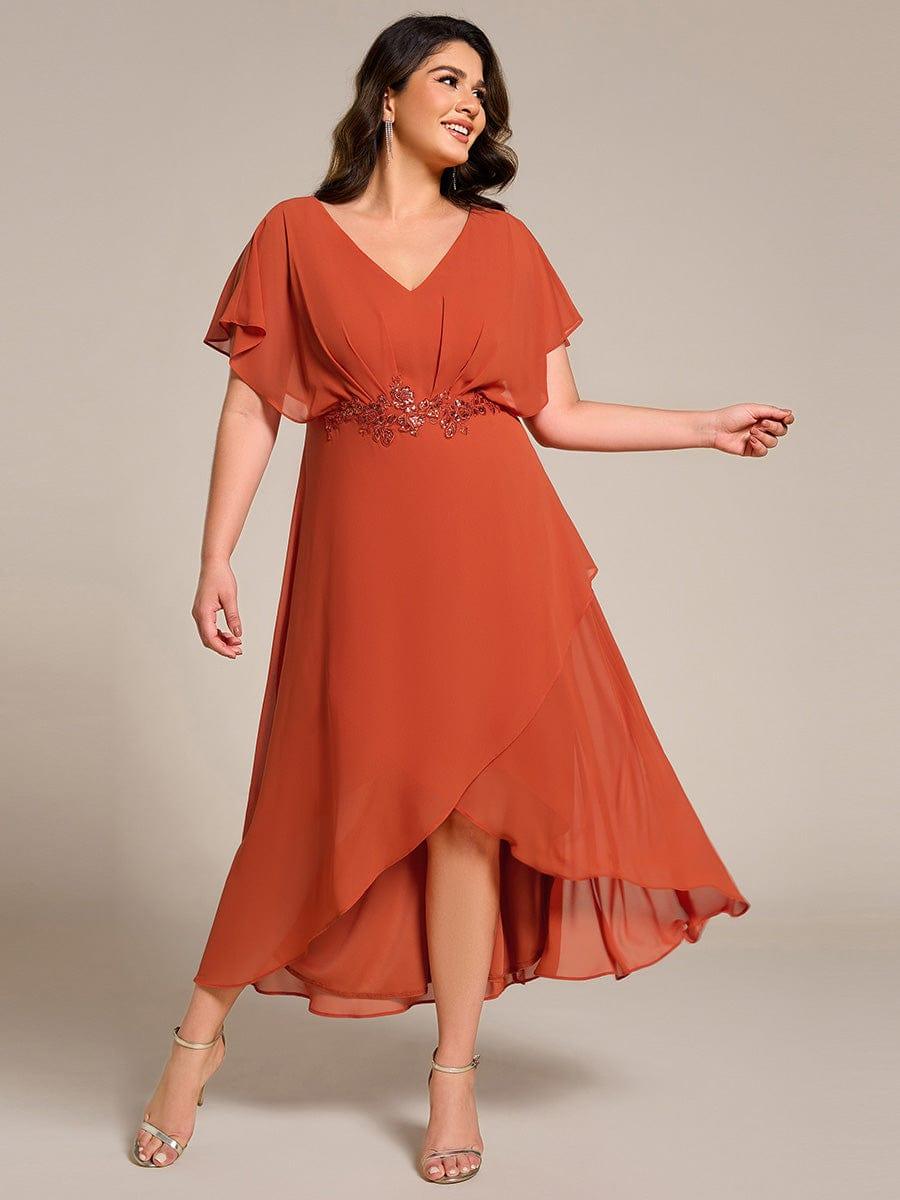 Cute Plus Size V-Neck Chiffon A-Line Formal Dress with Sleeves