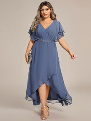 Cute Plus Size V-Neck Chiffon A-Line Formal Dress with Sleeves