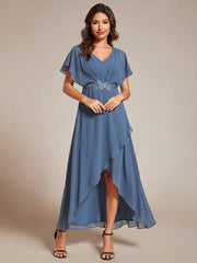 Exquisite Short Sleeves A-Line V-Neck Formal Dress with Appliques