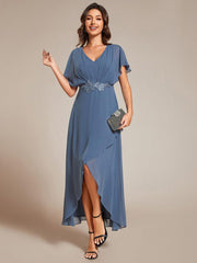 Exquisite Short Sleeves A-Line V-Neck Formal Dress with Appliques