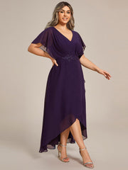 Cute Plus Size V-Neck Chiffon A-Line Formal Dress with Sleeves