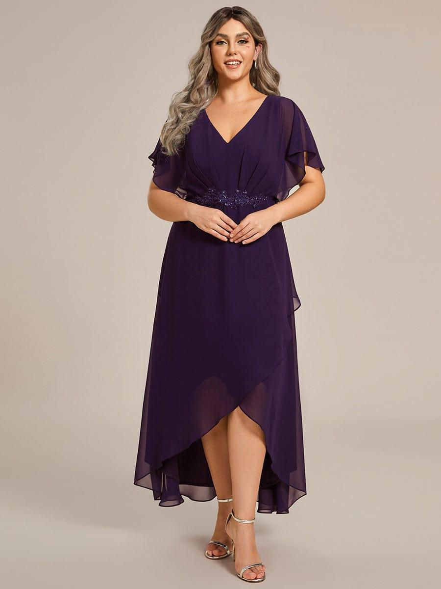 Cute Plus Size V-Neck Chiffon A-Line Formal Dress with Sleeves