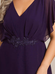 Cute Plus Size V-Neck Chiffon A-Line Formal Dress with Sleeves