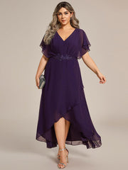 Cute Plus Size V-Neck Chiffon A-Line Formal Dress with Sleeves