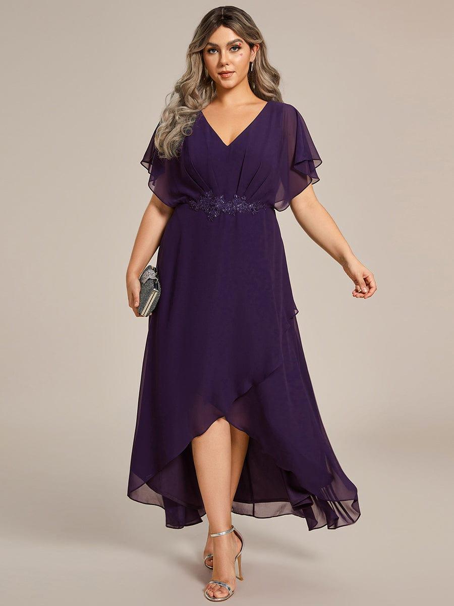 Cute Plus Size V-Neck Chiffon A-Line Formal Dress with Sleeves