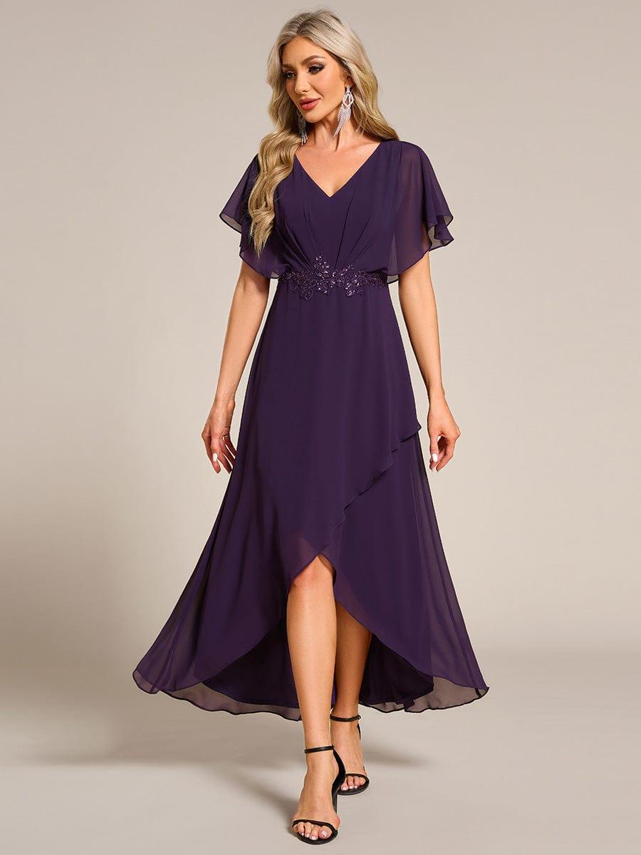 Exquisite Short Sleeves A-Line V-Neck Formal Dress with Appliques