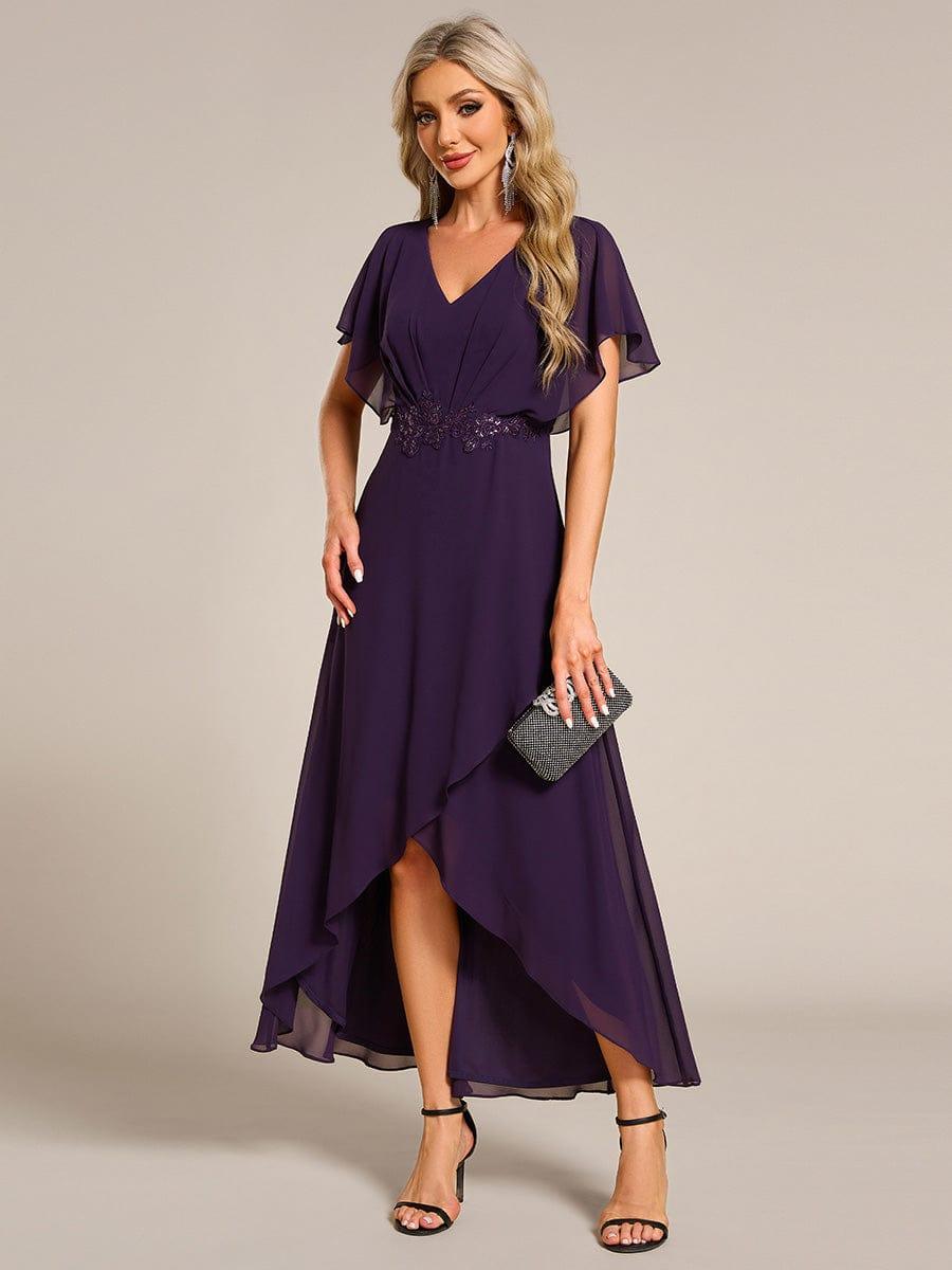 Exquisite Short Sleeves A-Line V-Neck Formal Dress with Appliques