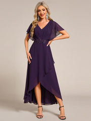 Exquisite Short Sleeves A-Line V-Neck Formal Dress with Appliques