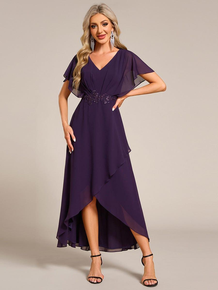 Exquisite Short Sleeves A-Line V-Neck Formal Dress with Appliques