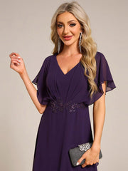 Exquisite Short Sleeves A-Line V-Neck Formal Dress with Appliques