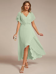 Exquisite Short Sleeves A-Line V-Neck Formal Dress with Appliques