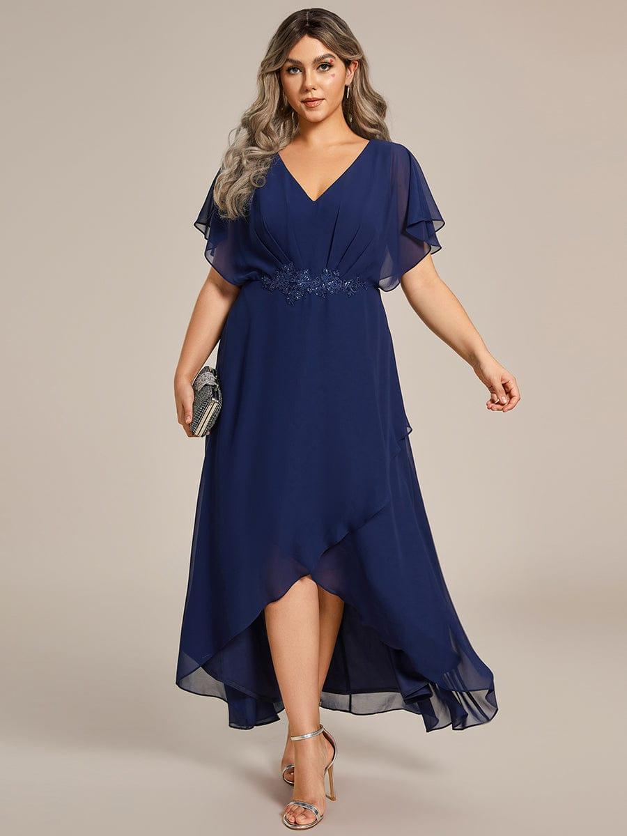 Cute Plus Size V-Neck Chiffon A-Line Formal Dress with Sleeves