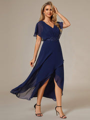 Exquisite Short Sleeves A-Line V-Neck Formal Dress with Appliques