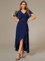 Exquisite Short Sleeves A-Line V-Neck Formal Dress with Appliques
