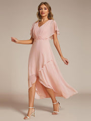 Exquisite Short Sleeves A-Line V-Neck Formal Dress with Appliques