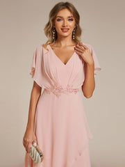 Exquisite Short Sleeves A-Line V-Neck Formal Dress with Appliques