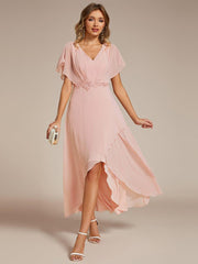 Exquisite Short Sleeves A-Line V-Neck Formal Dress with Appliques