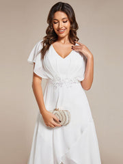 Exquisite Short Sleeves A-Line V-Neck Formal Dress with Appliques