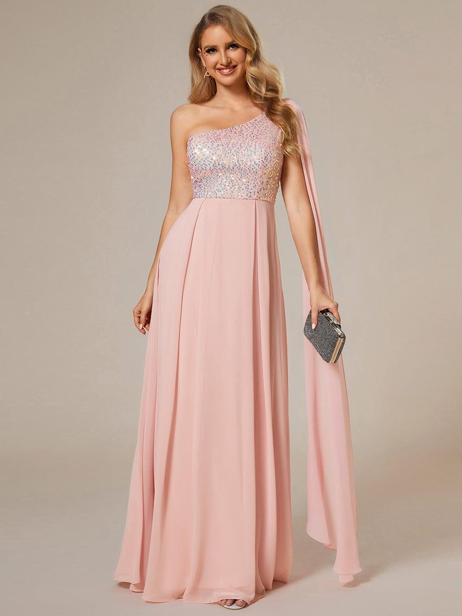 Sparkly Chiffon A-Line Sequin One-Shoulder Evening Dress