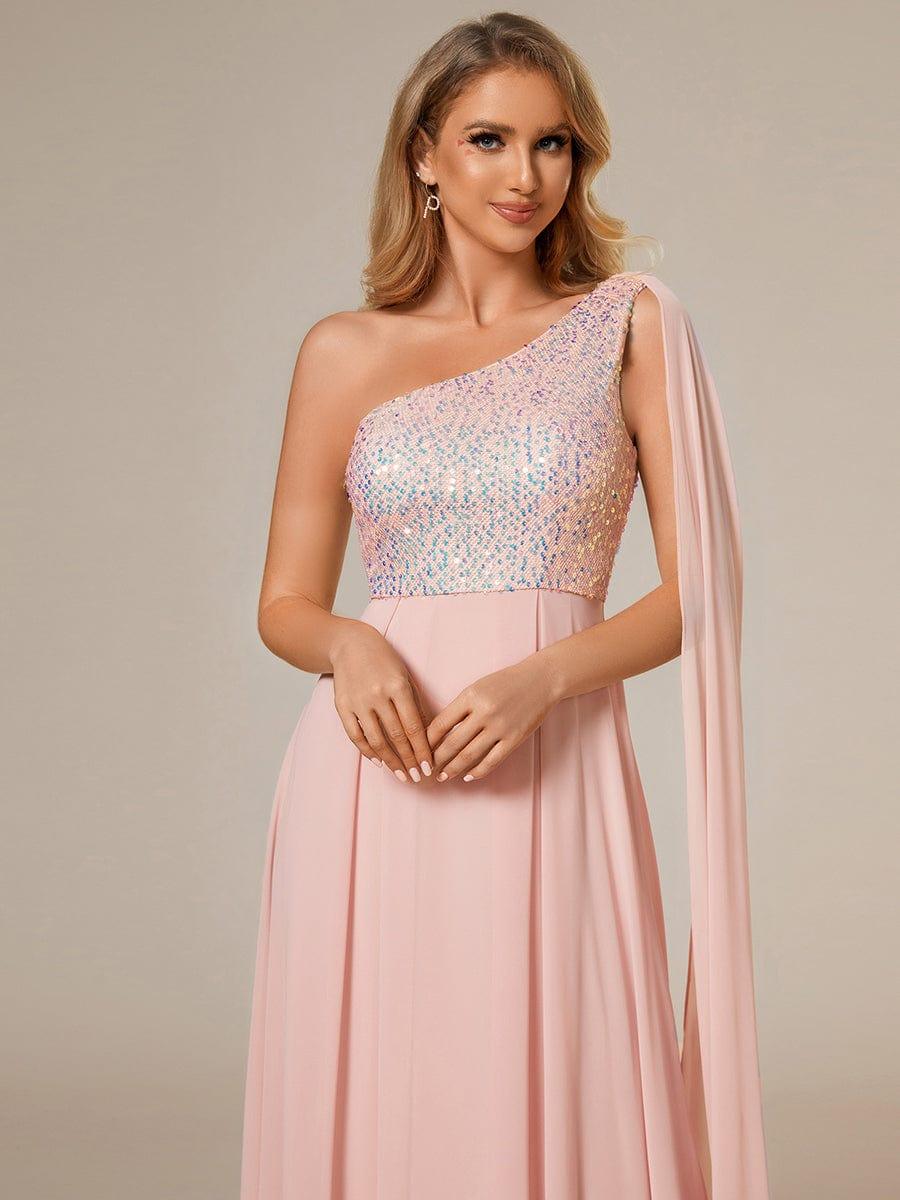Sparkly Chiffon A-Line Sequin One-Shoulder Evening Dress