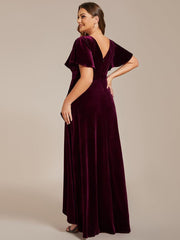 Elegant V-Neck Short Sleeves A-Line Velvet Evening Dress