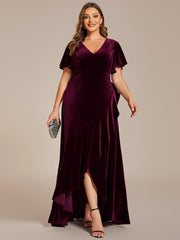 Elegant V-Neck Short Sleeves A-Line Velvet Evening Dress